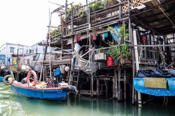 Rows of traditional wooden stilt houses in Tai O, a fishing town on western Lantau Island in Hong Kong.