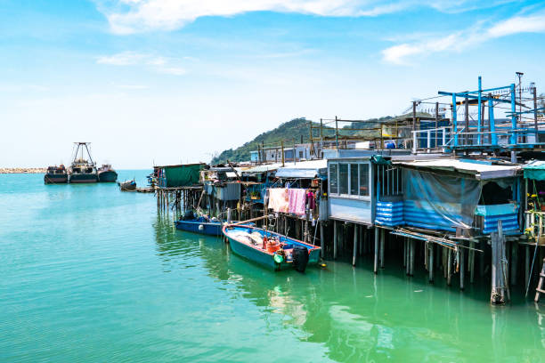 Famous tourist attraction in Hong Kong. Boats in the water in fishing village Tai O, Lantau, Hong Kong